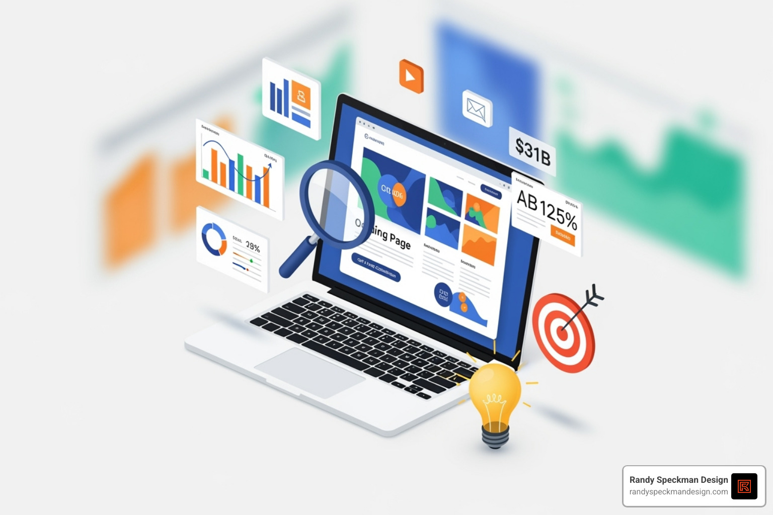 A cluttered landing page with a large red "X" over it, symbolizing common mistakes like too much text, too many CTAs, and distracting elements - landing page optimization service