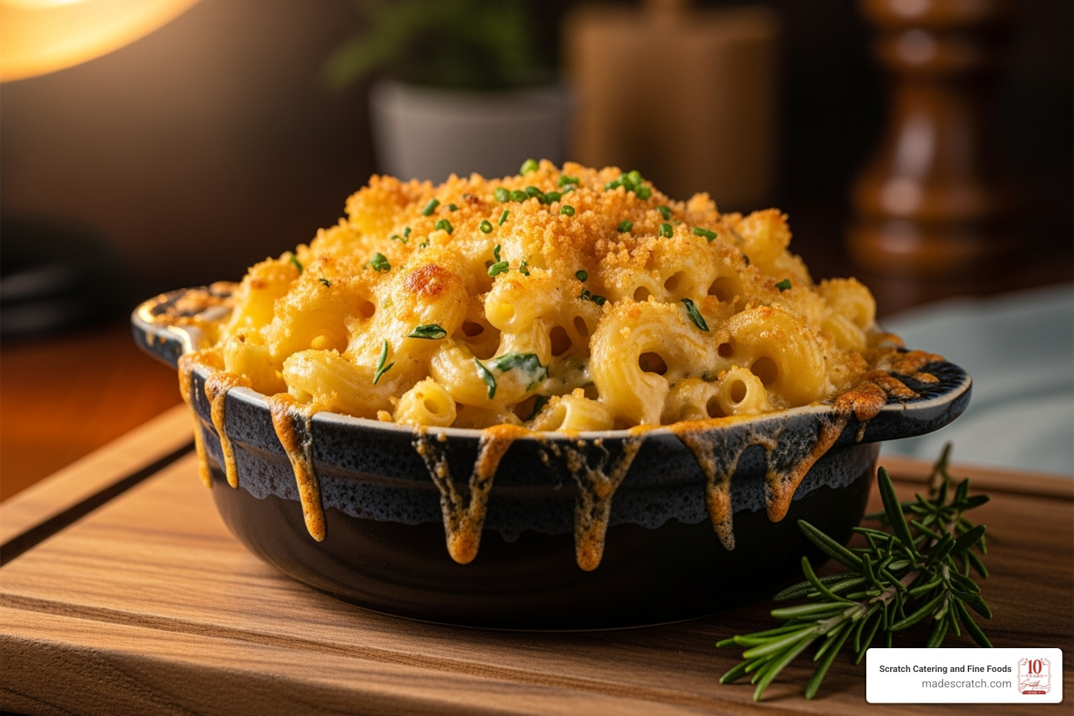 A gourmet mac & cheese, richly golden and bubbling, served in an neat individual ramekin - from scratch catering A gourmet mac & cheese, richly golden and bubbling, served in an neat individual ramekin - from scratch catering