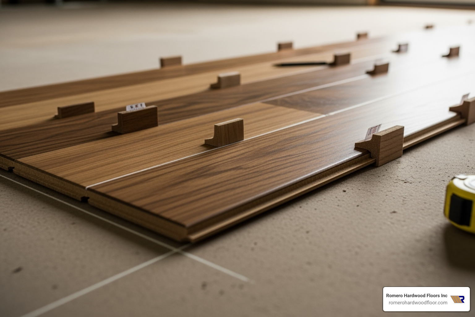 The first row of hardwood flooring being installed with spacers against the wall - how install hardwood floor The first row of hardwood flooring being installed with spacers against the wall - how install hardwood floor