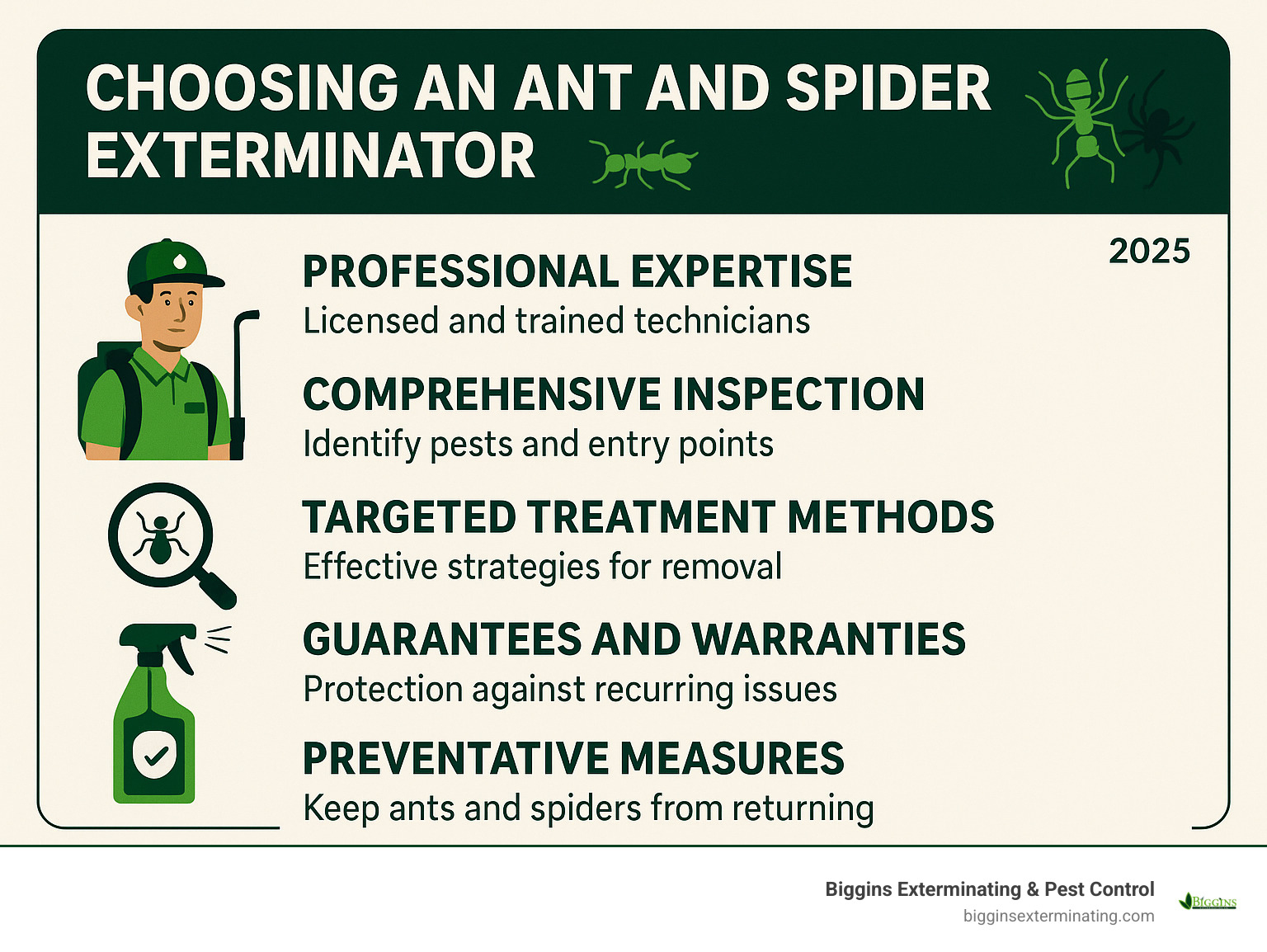 Infographic detailing key factors to consider when choosing an ant and spider exterminator, including professional expertise, comprehensive inspection, targeted treatment methods, guarantees and warranties, and preventative measures - ant and spider exterminator infographic 