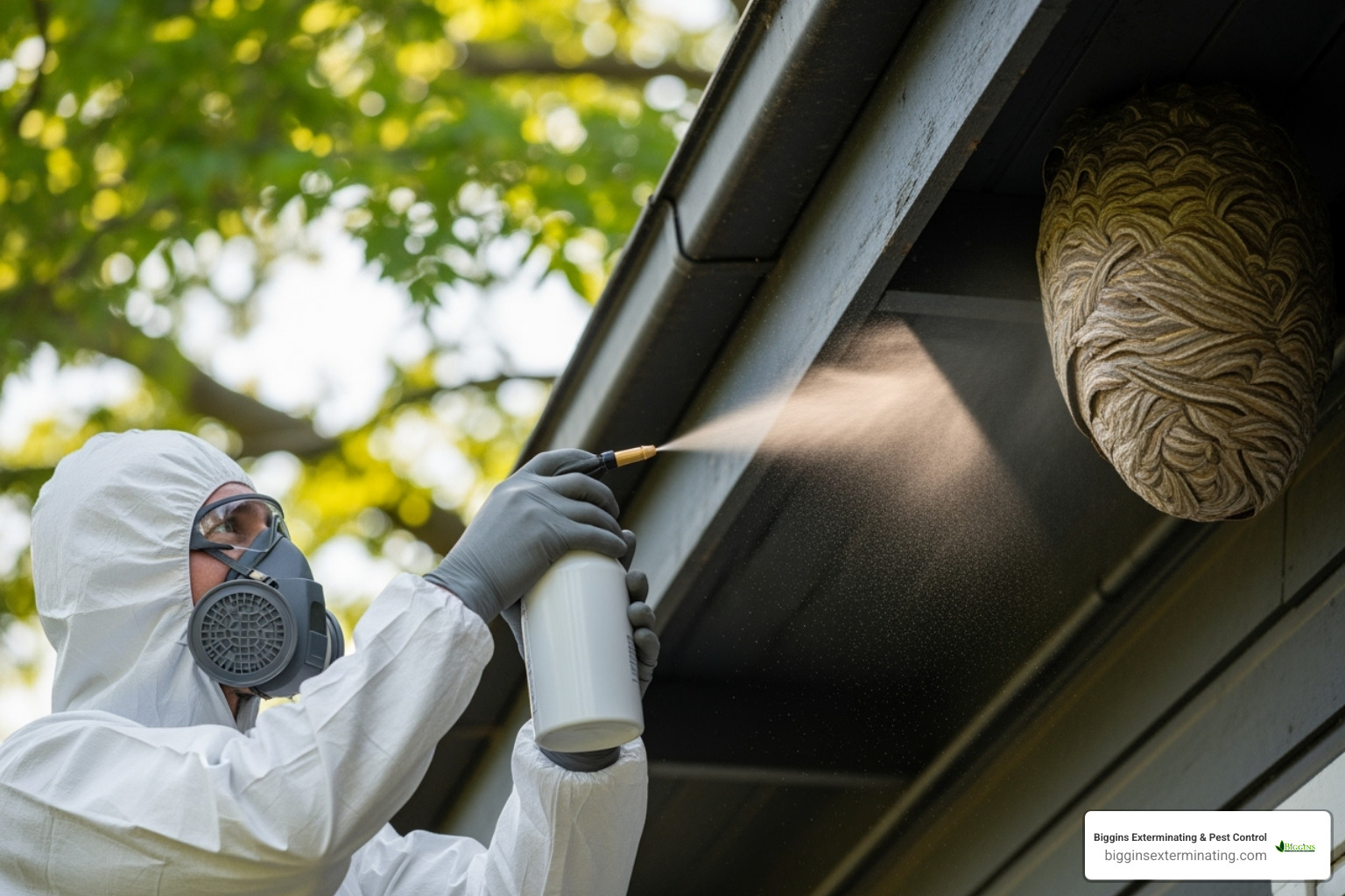 pest control professional in full protective gear treating a nest - bald faced hornet exterminator
