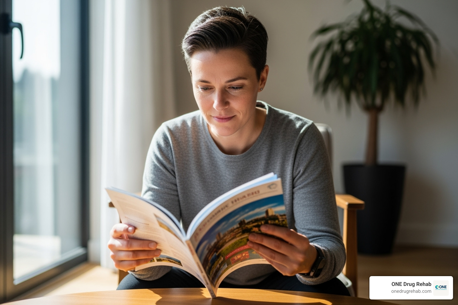 A person thoughtfully looking at a brochure for a rehab center - non 12 step inpatient rehab