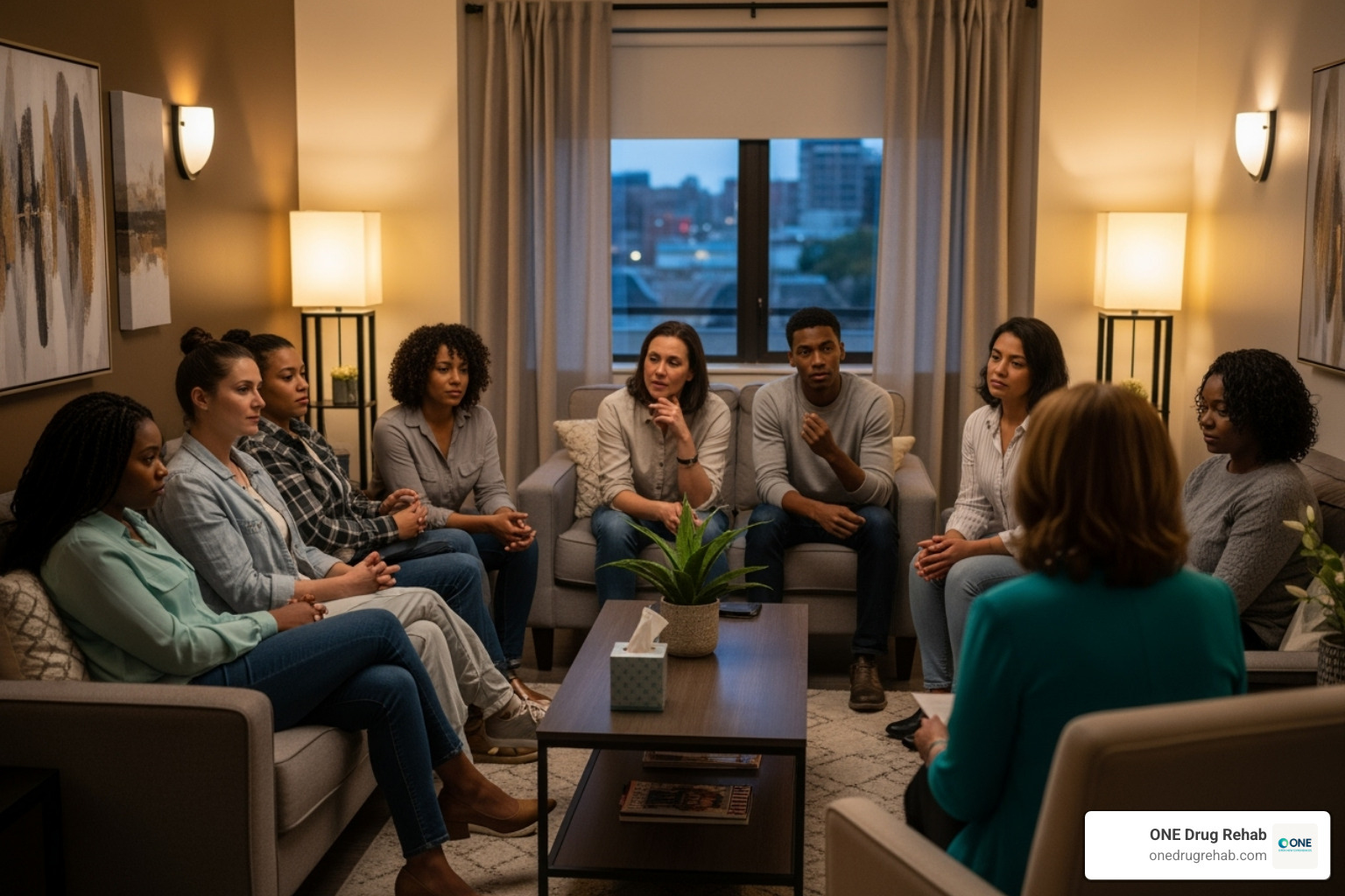 A group therapy session in a comfortable, non-clinical setting - non 12 step inpatient rehab