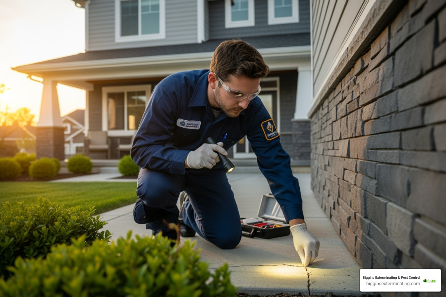 A pest control technician inspecting a home's exterior - ant and spider exterminator