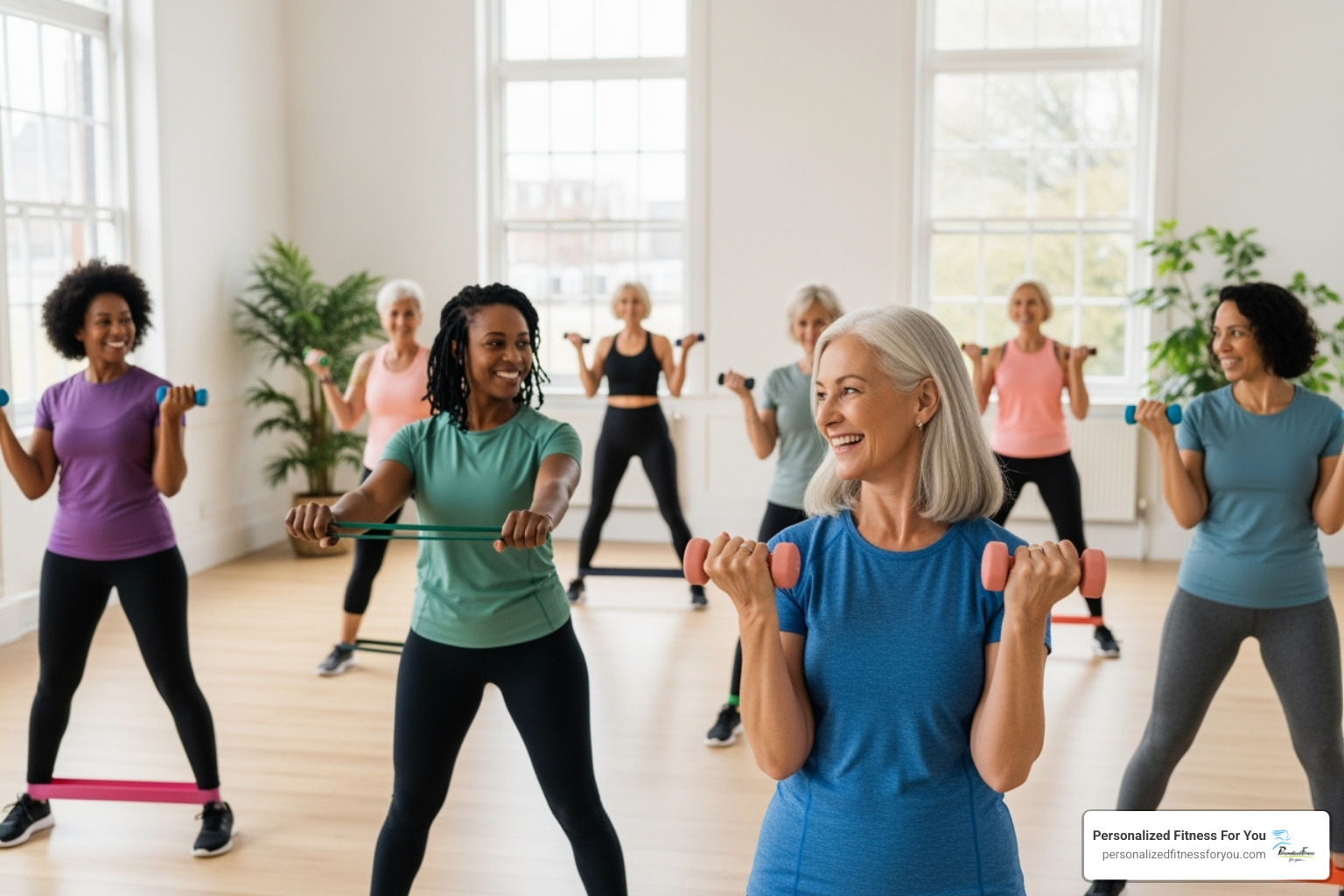 Diverse group of women over 40 in a bright fitness studio, smiling and using light weights or resistance bands during a group class, emphasizing community and gentle movement - weight bearing exercise can help prevent osteoporosis Diverse group of women over 40 in a bright fitness studio, smiling and using light weights or resistance bands during a group class, emphasizing community and gentle movement - weight bearing exercise can help prevent osteoporosis