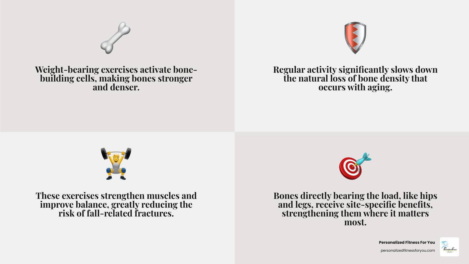 Infographic illustrating healthy bone changing to osteoporotic bone over time, with exercise pathways showing increased bone density and strength, and reduced fracture risk. Key actions like walking, jumping, and resistance training are shown stimulating bone growth. - weight bearing exercise can help prevent osteoporosis infographic 4_facts_emoji_grey Infographic illustrating healthy bone changing to osteoporotic bone over time, with exercise pathways showing increased bone density and strength, and reduced fracture risk. Key actions like walking, jumping, and resistance training are shown stimulating bone growth. - weight bearing exercise can help prevent osteoporosis infographic 4_facts_emoji_grey