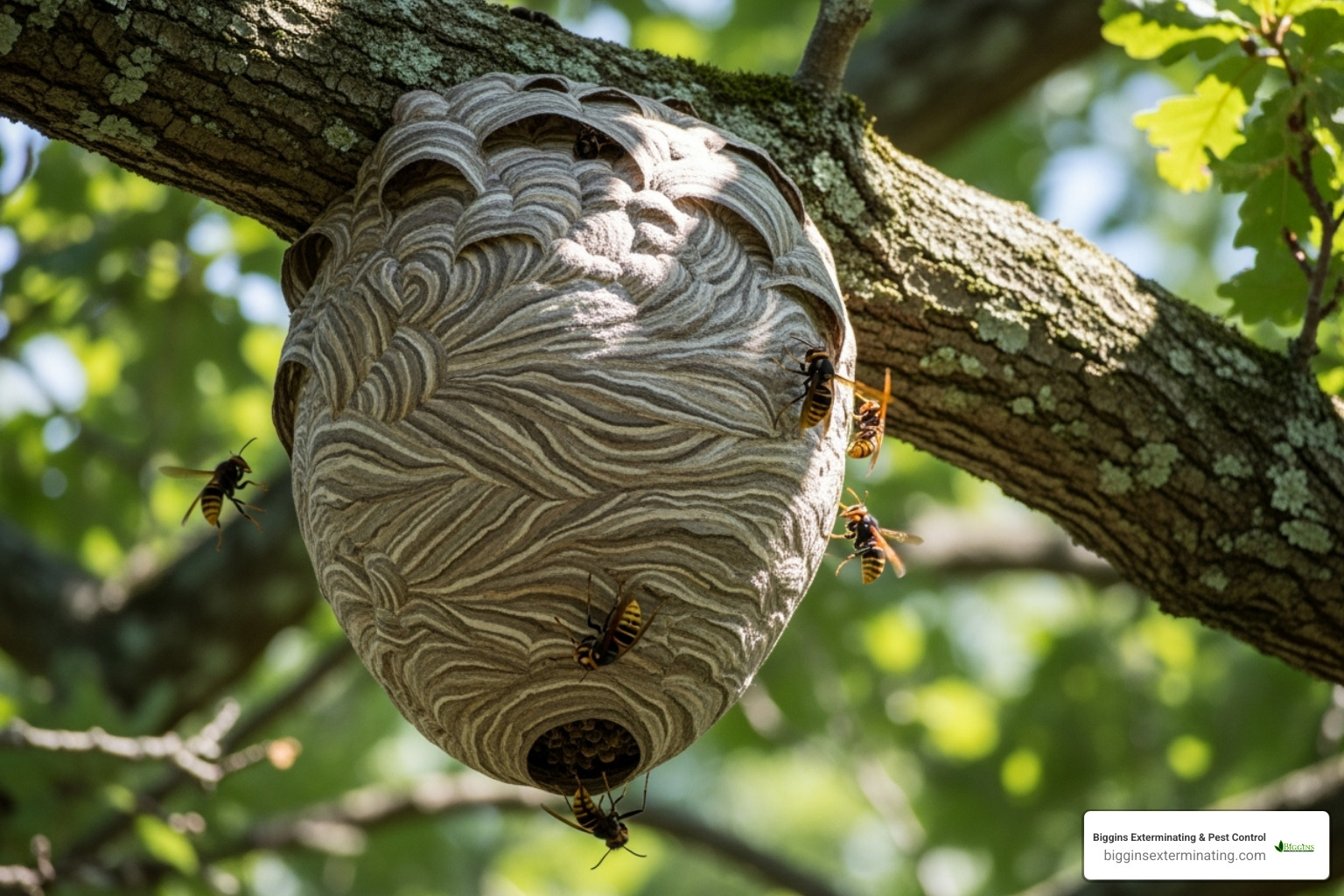 large, football-shaped bald-faced hornet nest in a tree - bald faced hornet exterminator