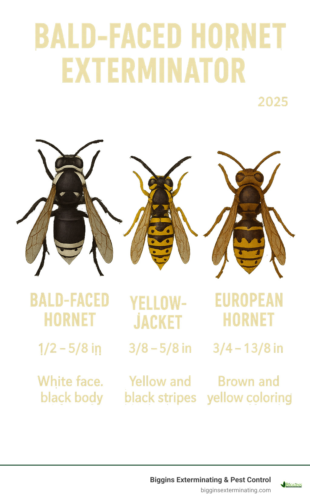 Infographic showing visual identification guide comparing bald-faced hornets with distinctive white face markings and black body versus yellow jackets with yellow and black stripes versus European hornets with brown and yellow coloring, including size measurements and key identifying features for each species - bald faced hornet exterminator infographic 