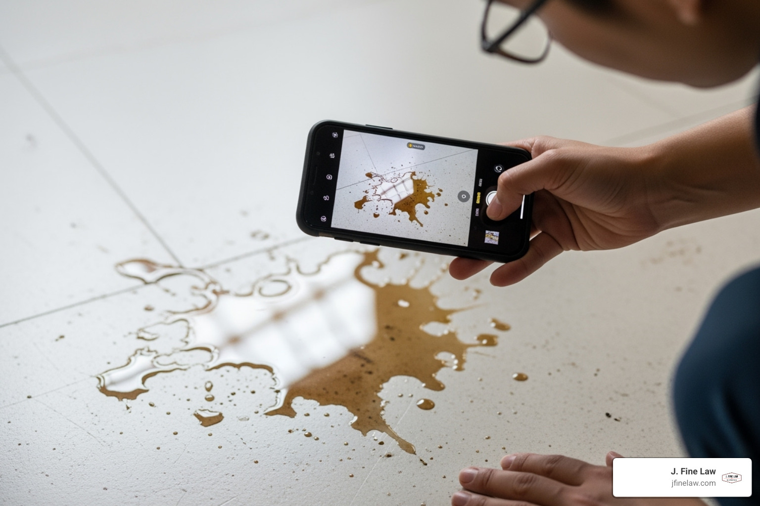person taking photo of spill on phone - philadelphia indoor slip and fall lawyer
