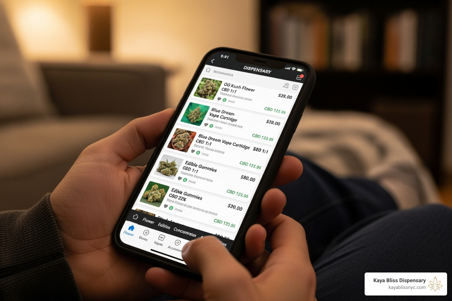 person browsing a dispensary menu on their smartphone - brooklyn weed delivery