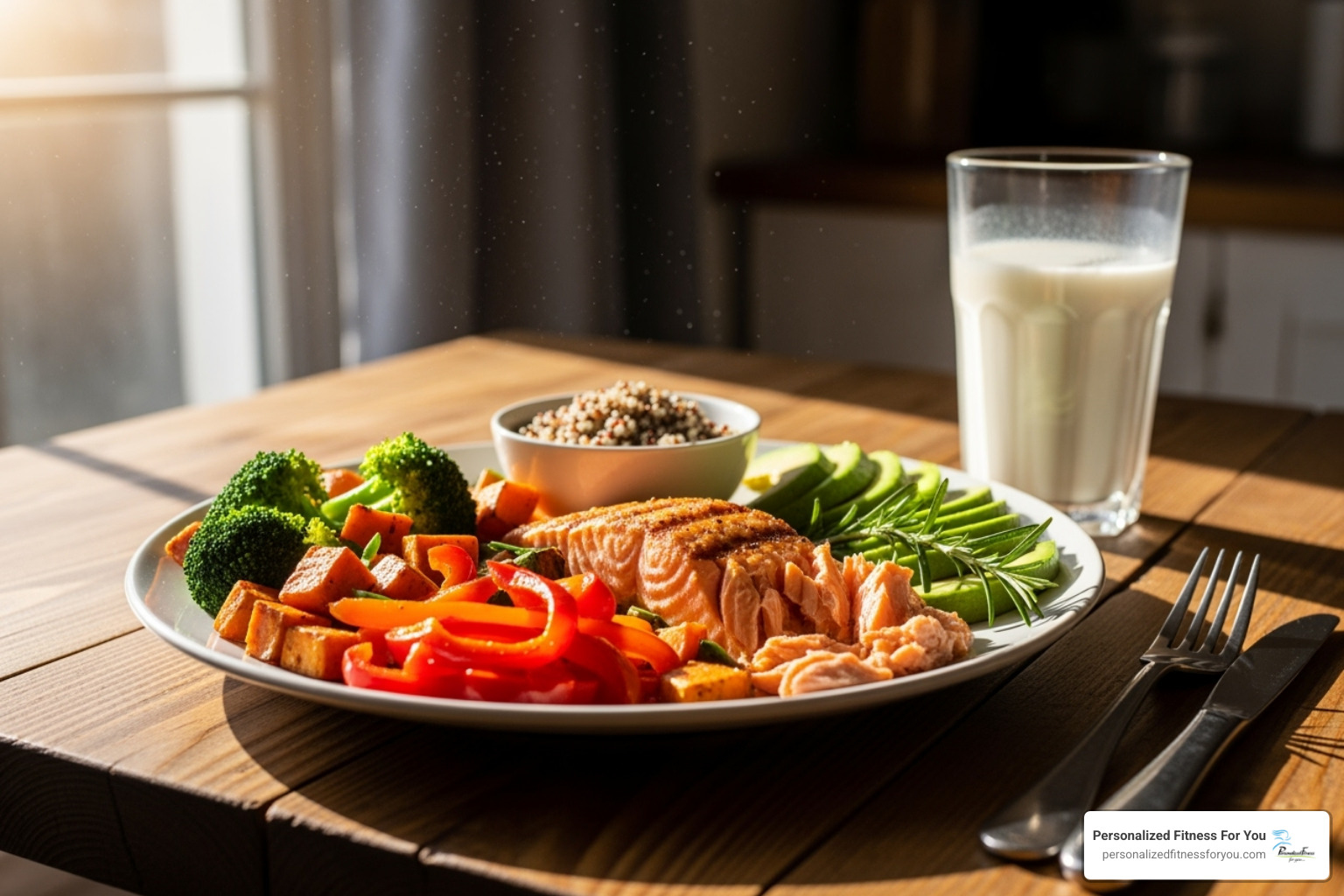 Healthy, colorful meal with a glass of milk and a sunbeam, symbolizing nutrition and Vitamin D for bone health - weight bearing exercise can help prevent osteoporosis Healthy, colorful meal with a glass of milk and a sunbeam, symbolizing nutrition and Vitamin D for bone health - weight bearing exercise can help prevent osteoporosis