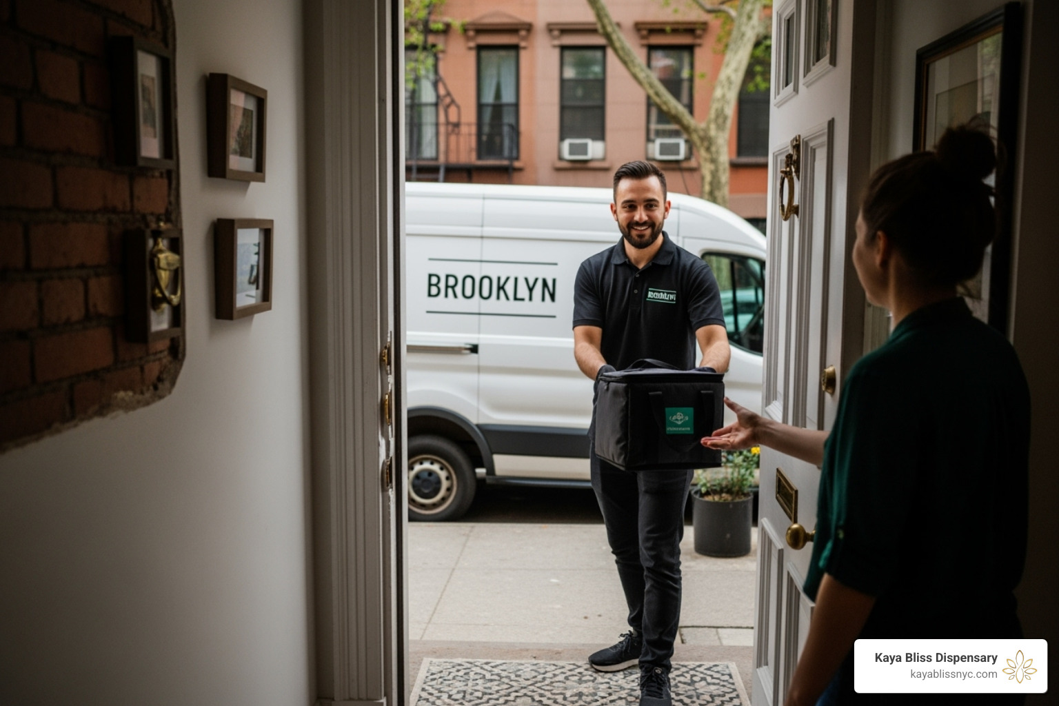friendly delivery driver handing a bag to a customer at their apartment door - brooklyn weed delivery