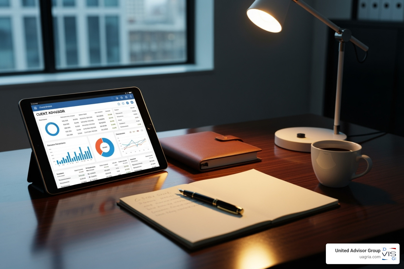 Financial advisor's workspace with a tablet displaying a client dashboard - Client retention strategies