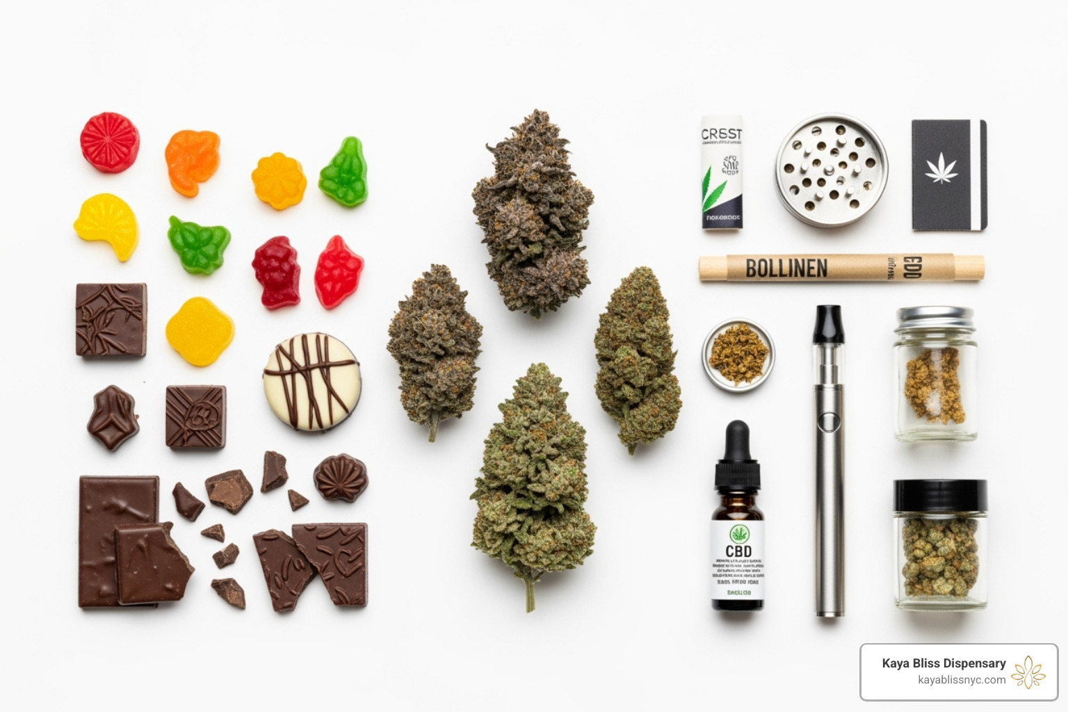curated selection of NY-grown cannabis products including flower, edibles, and a vape pen - brooklyn weed delivery