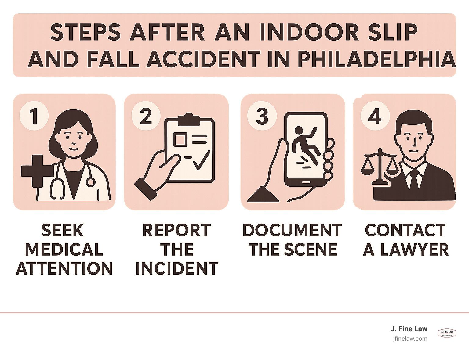 Essential steps immediately after an indoor slip and fall accident in Philadelphia, including seeking medical help, reporting the incident, documenting the scene, and contacting a lawyer - philadelphia indoor slip and fall lawyer infographic 