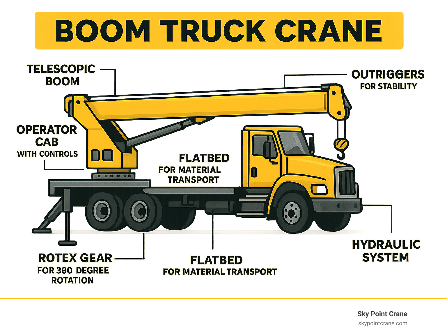 Detailed infographic showing boom truck crane components including telescopic boom, outriggers for stability, operator cab with controls, flatbed for material transport, rotex gear for 360-degree rotation, and hydraulic system - boom truck crane infographic 