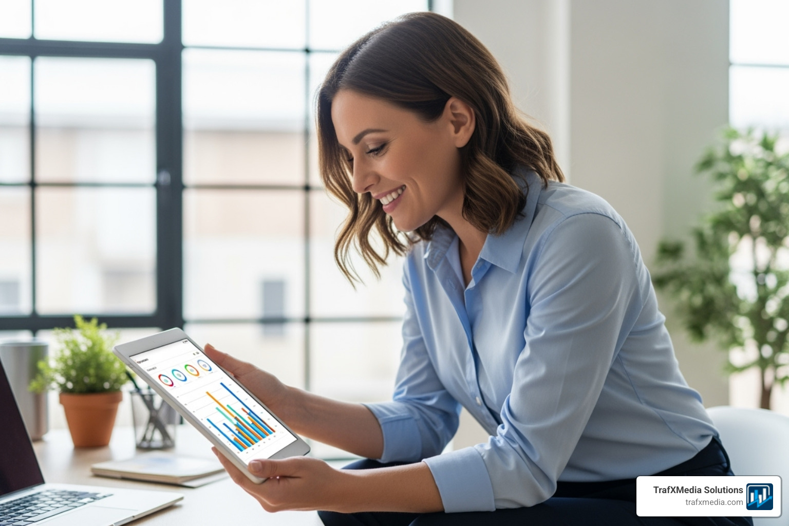 A small e-commerce business owner, a Caucasian woman, looking confident and relieved while reviewing sales data on a tablet, with a bright, modern office background. - Ecommerce Facebook ads agency
