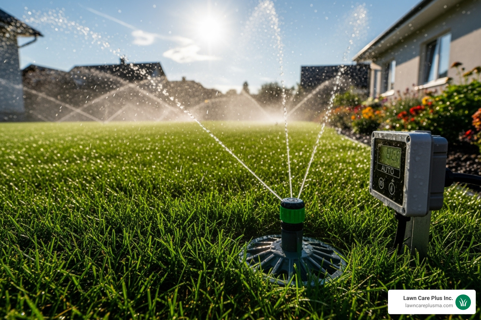 A smart irrigation system watering a green lawn during summer. - landscape care and maintenance service activities