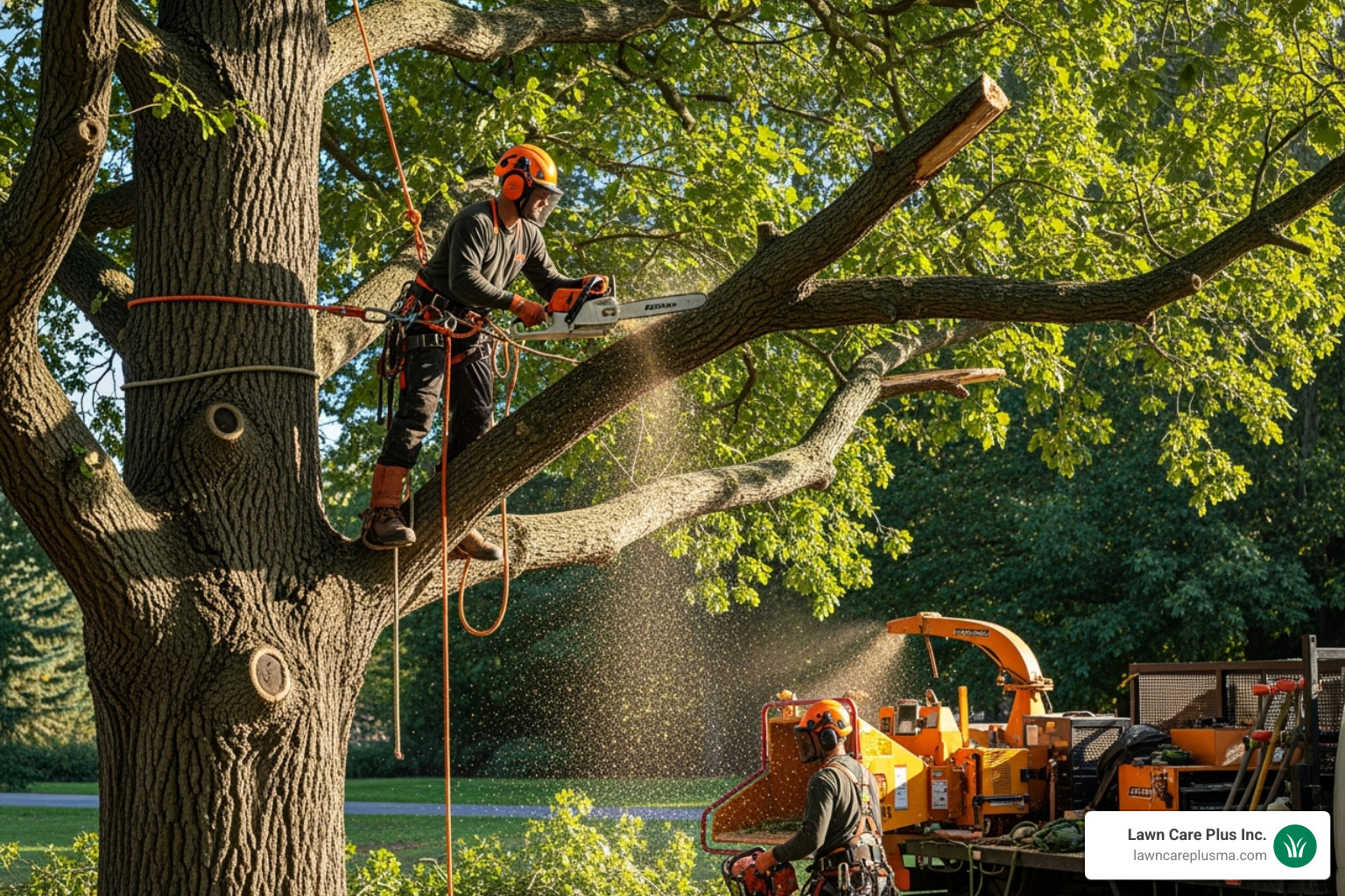 A professional arborist safely pruning a large tree. - landscape care and maintenance service activities