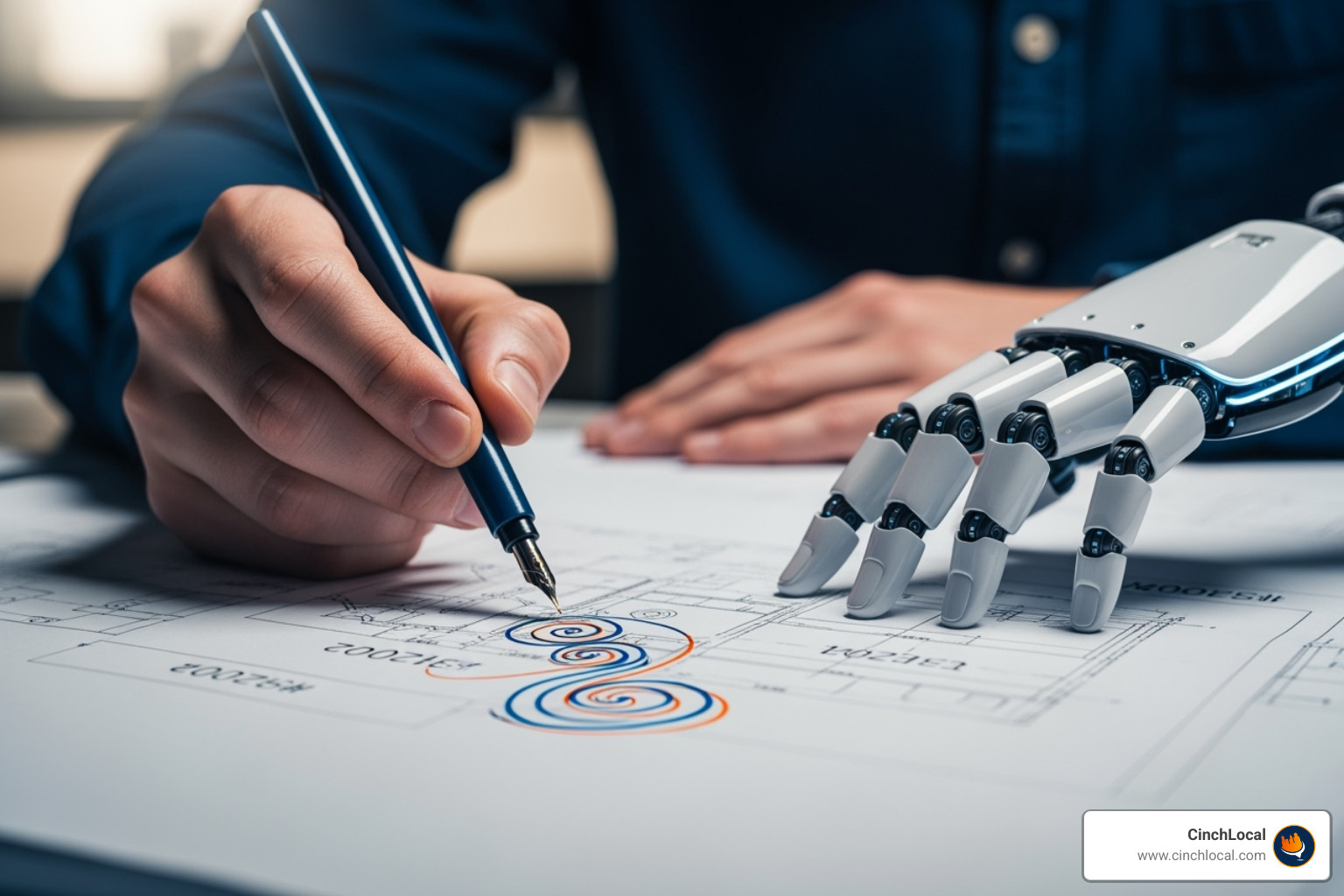 A human and a robot collaborating on a document, with the human adding a final, artistic touch, using colors #002f52 and #ff7e29 - ai to write anything