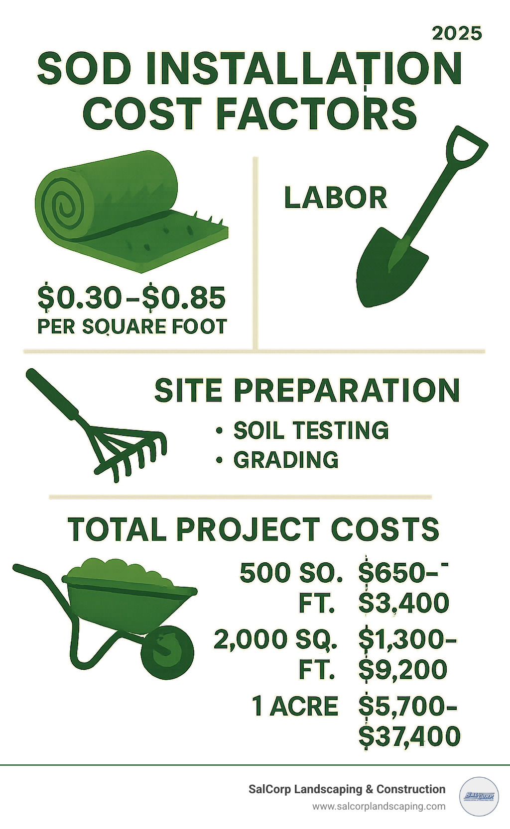 Detailed breakdown infographic showing sod installation cost factors including material costs ranging from $0.30-0.85 per square foot, labor costs, site preparation expenses like soil testing and grading, and total project costs for different yard sizes from 500 square feet to full acre properties - how much does sod installation cost infographic 