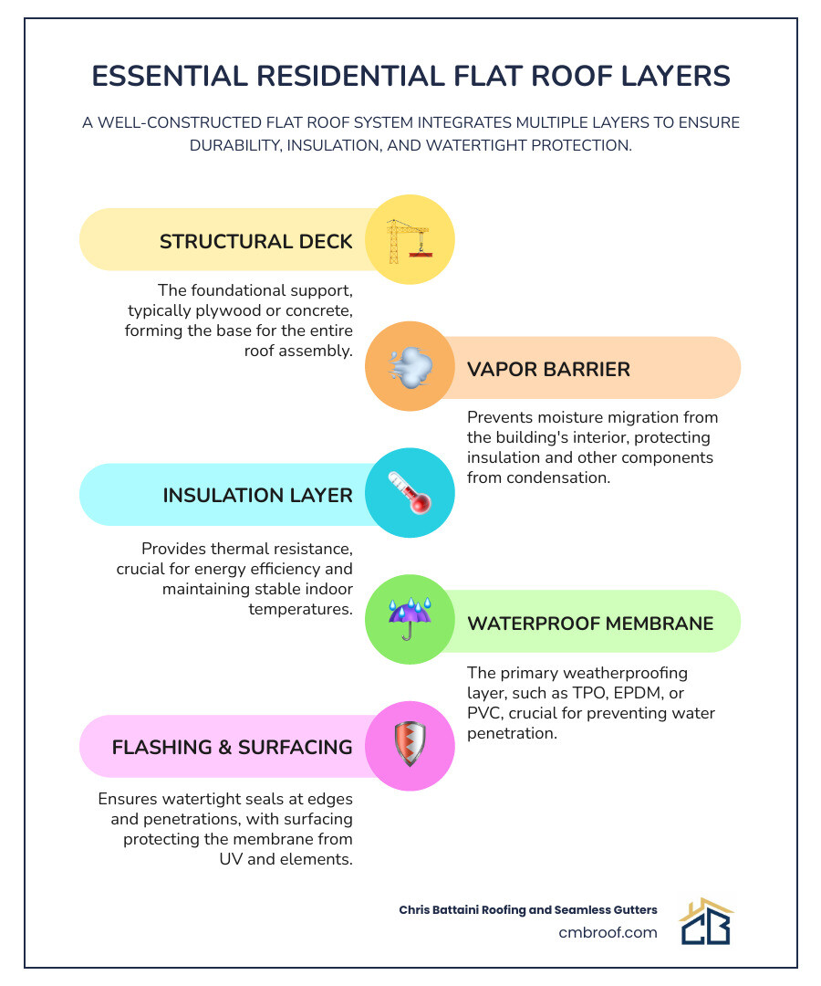Detailed cross-section infographic showing the essential layers of a residential flat roof system including structural deck, vapor barrier, insulation layer, waterproof membrane, protective surfacing, and proper flashing details around edges and penetrations - residential flat roofing infographic infographic-line-5-steps-colors