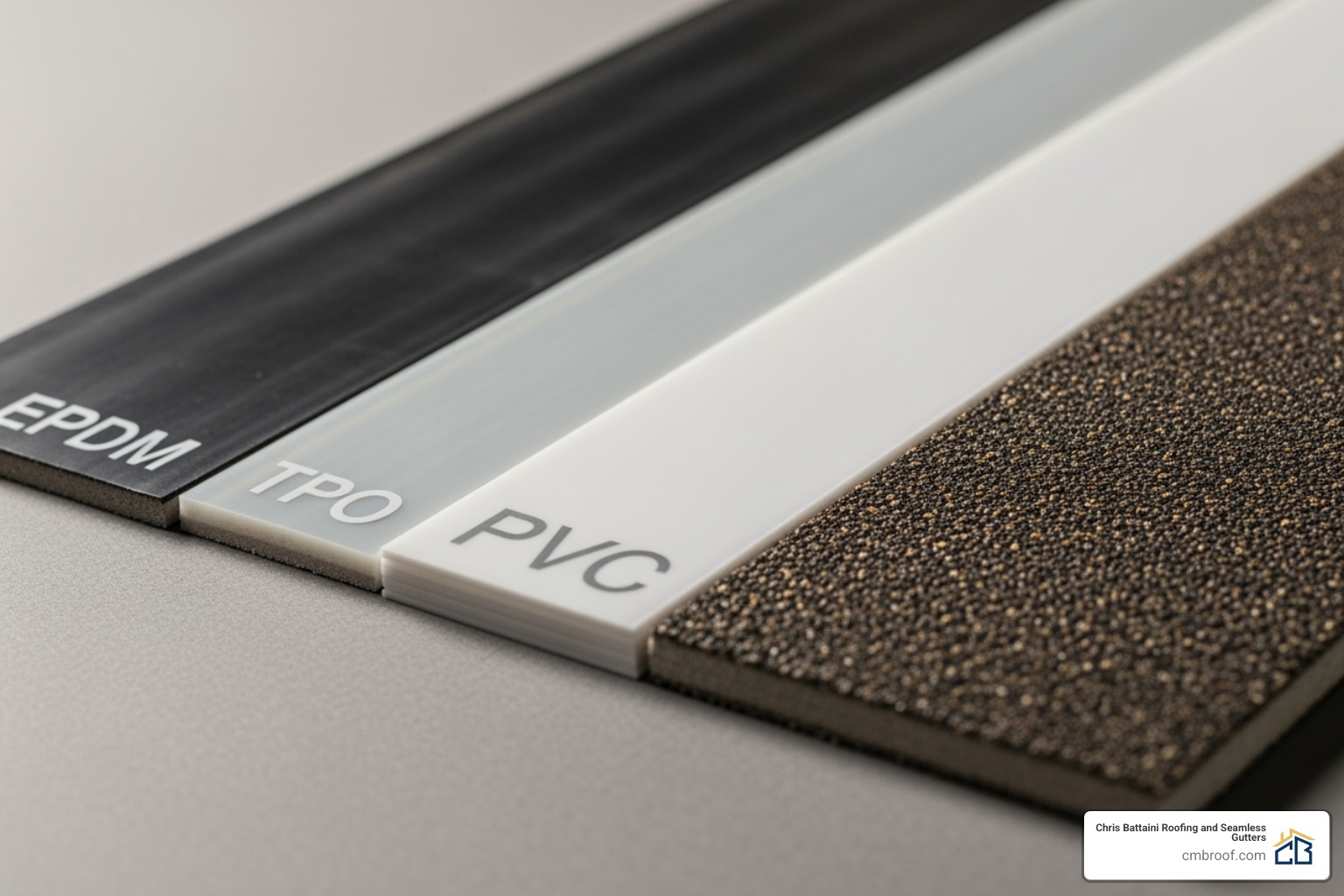 different flat roofing material samples side-by-side - residential flat roofing