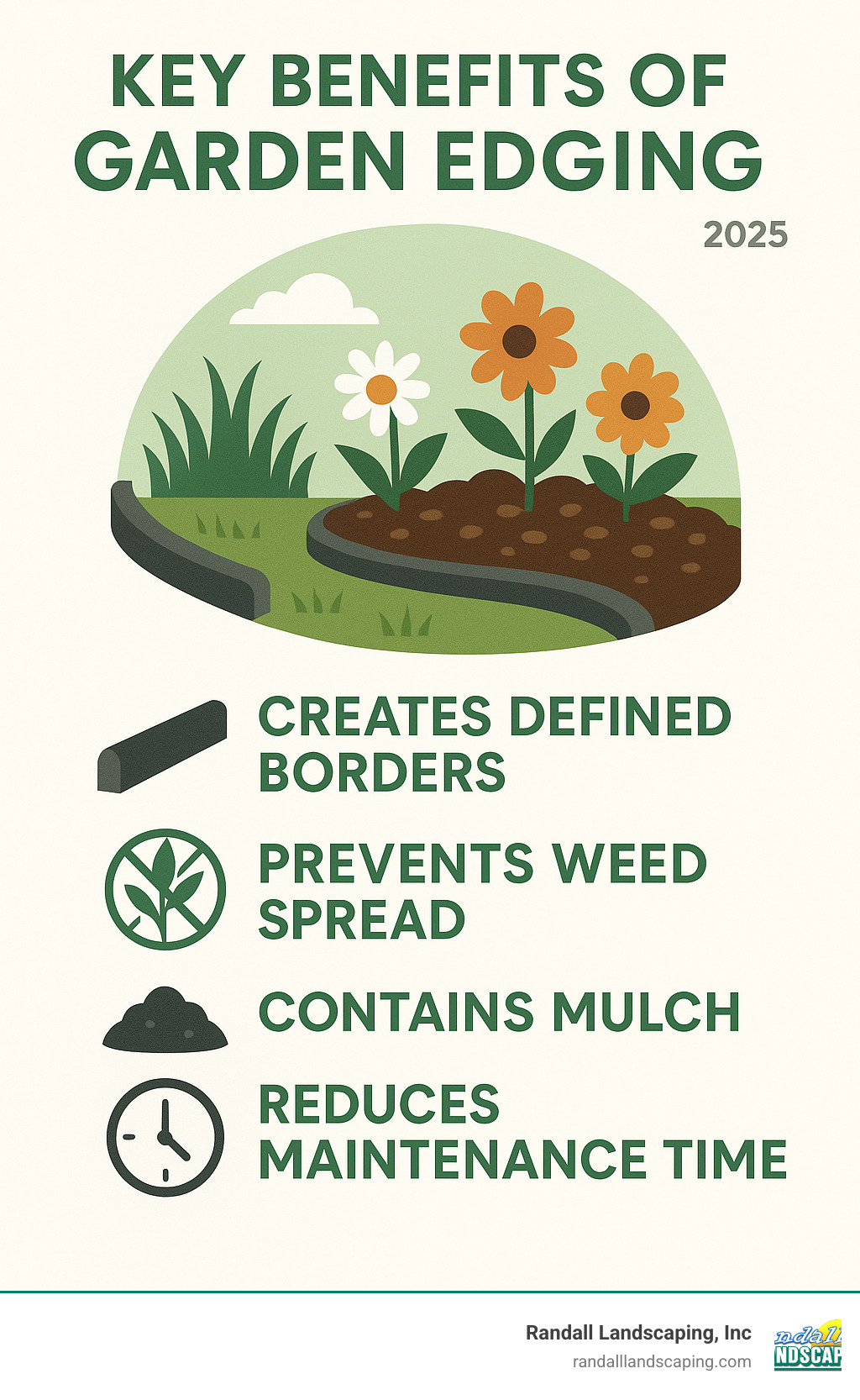 Infographic explaining the key benefits of garden edging including creating defined borders, preventing weed spread, containing mulch, and reducing maintenance time - garden edging installation infographic 