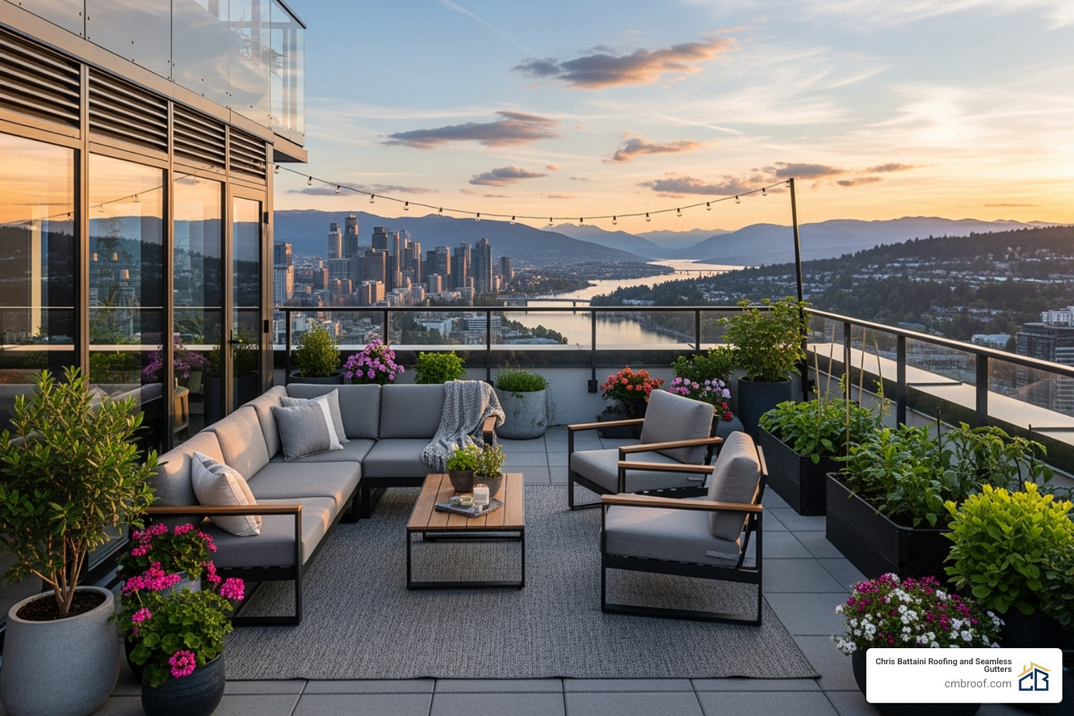 rooftop patio or garden on a residential flat roof - residential flat roofing