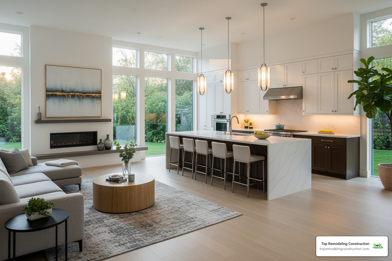 Contemporary open-plan living room flowing into a kitchen - Contemporary home designs Contemporary open-plan living room flowing into a kitchen - Contemporary home designs