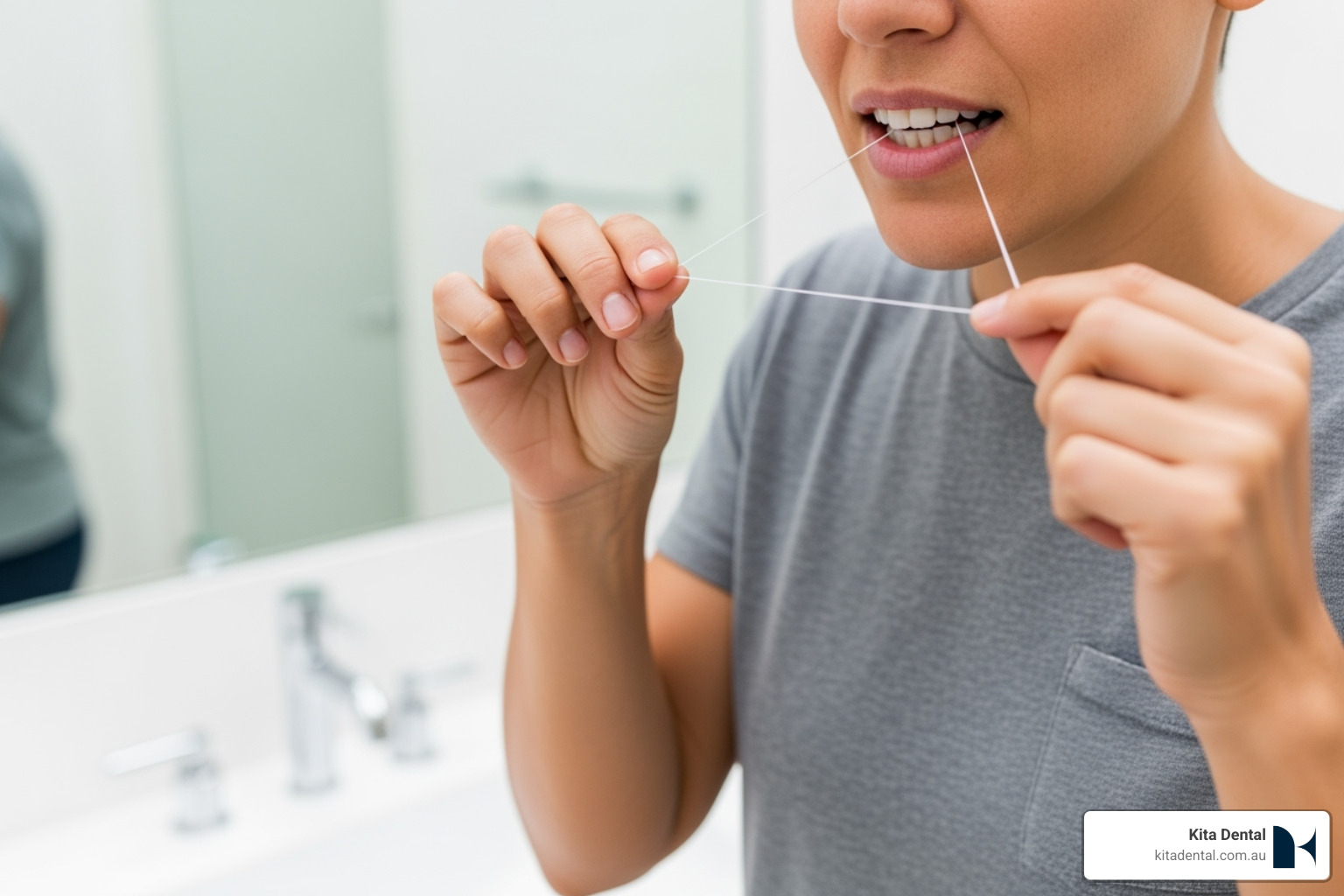 A person demonstrating correct flossing technique - preventative dental care A person demonstrating correct flossing technique - preventative dental care