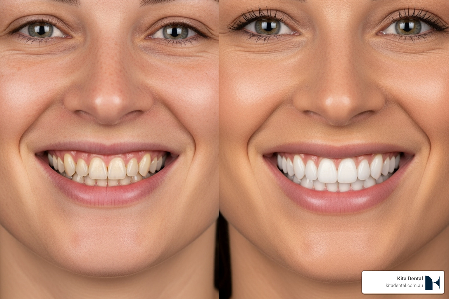 Before-and-after of a smile makeover with veneers or Invisalign - preventative dental care Before-and-after of a smile makeover with veneers or Invisalign - preventative dental care