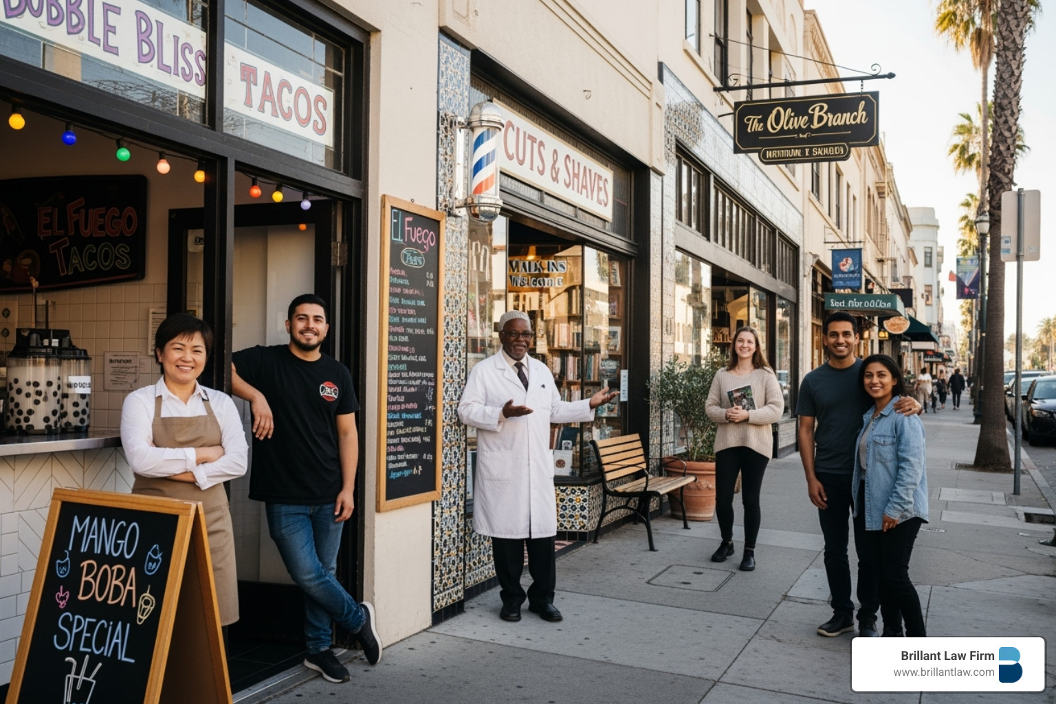 A diverse group of smiling California business owners standing in front of their various storefronts, representing businesses subject to the franchise tax. A diverse group of smiling California business owners standing in front of their various storefronts, representing businesses subject to the franchise tax.