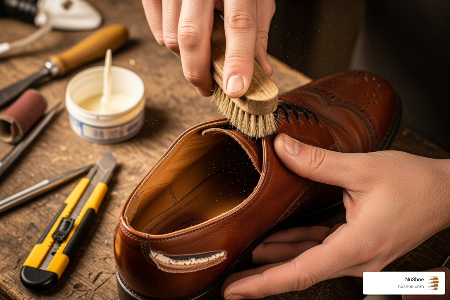 Image showing the cleaning and preparation step inside a shoe - fix shoe lining Image showing the cleaning and preparation step inside a shoe - fix shoe lining