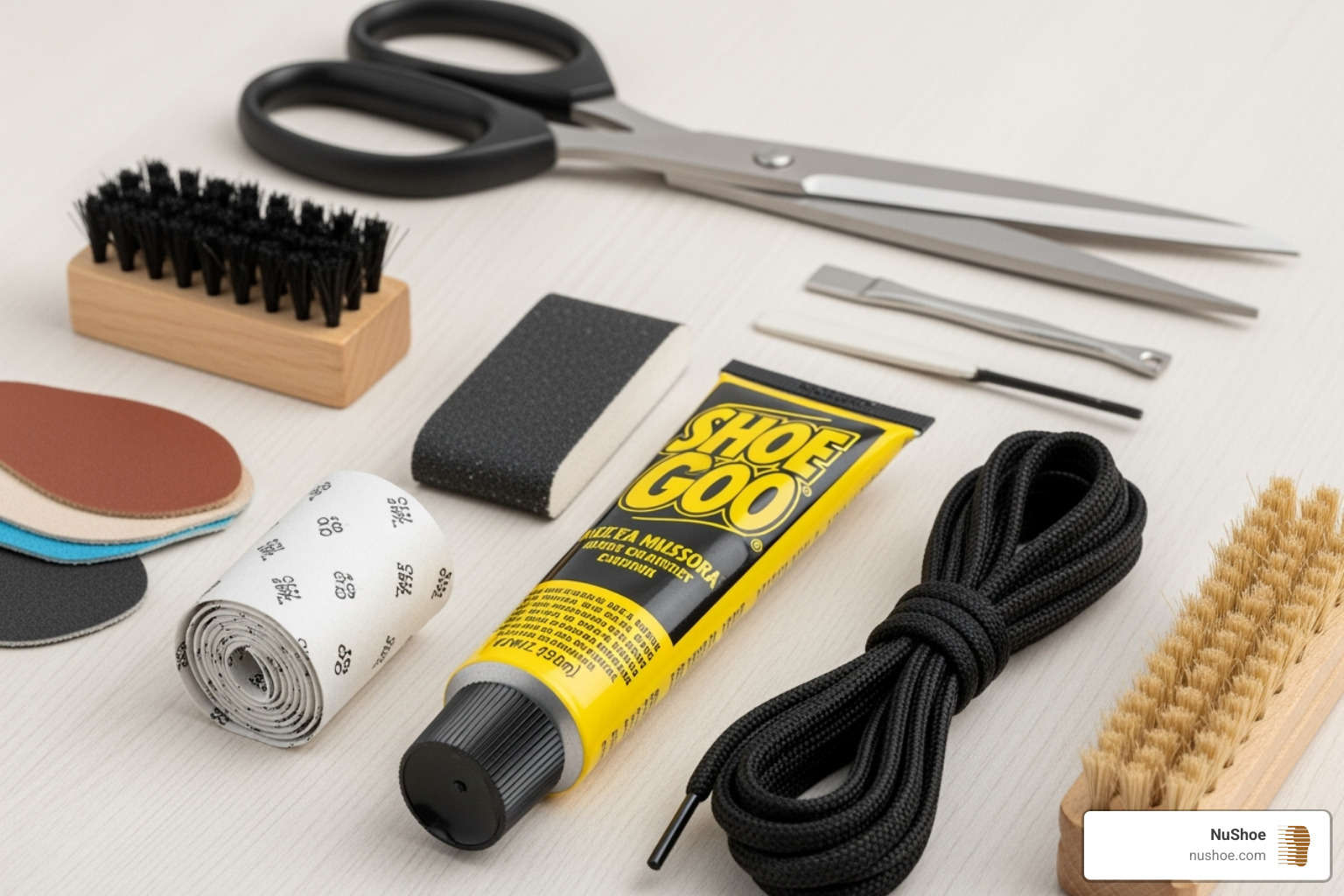 Image of recommended tools and materials like Shoe Goo, moleskin, and scissors - fix shoe lining Image of recommended tools and materials like Shoe Goo, moleskin, and scissors - fix shoe lining