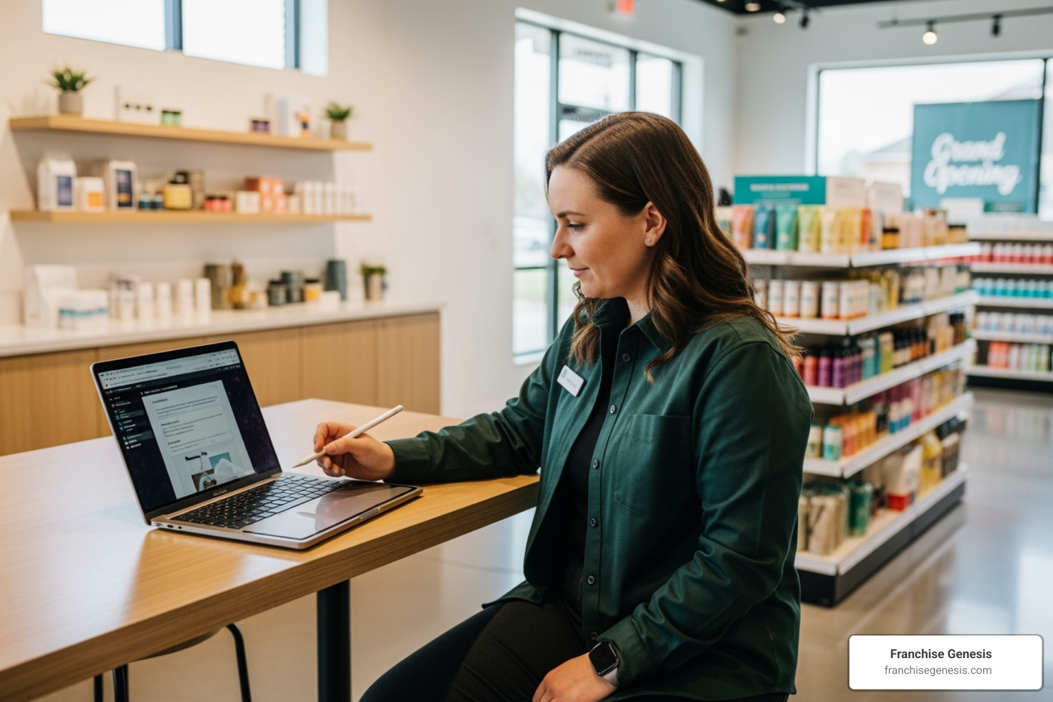 franchisee using a tablet for an online training module in their new store location - franchise training success