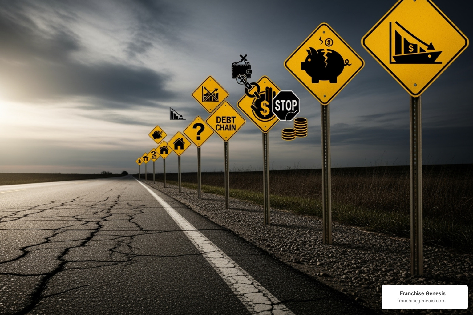 Road with potential warning signs labeled "Cash Flow Gap," "High Debt," and "Poor Planning." - best franchise financing