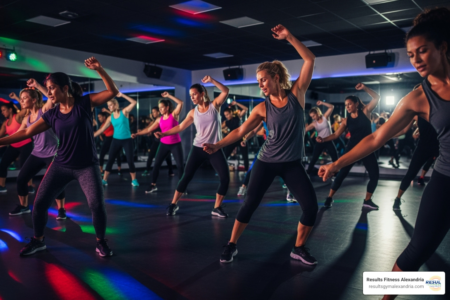 high-energy dance fitness class with colorful lighting - fun exercise classes for adults