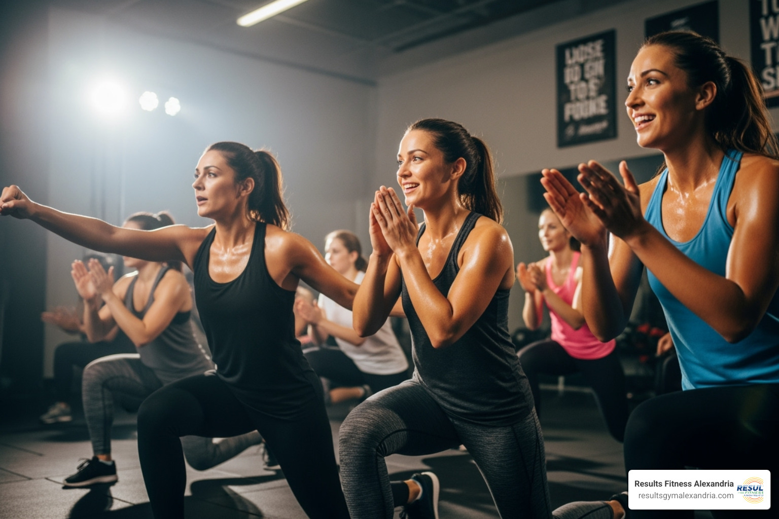 women encouraging each other during group fitness class - women's gym women encouraging each other during group fitness class - women's gym