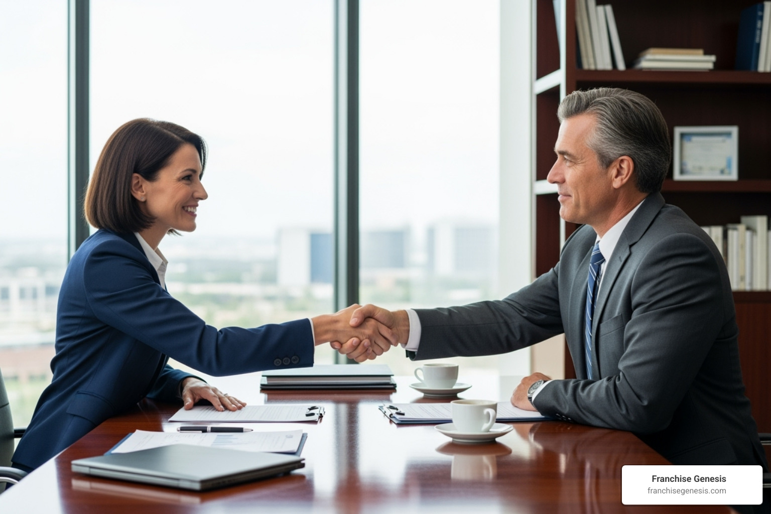 handshake between a business owner and a banker - the cost to start a franchise and financing options