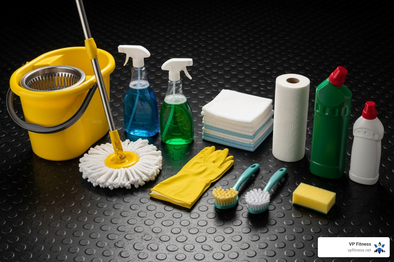 Cleaning supplies arranged neatly on a rubber floor - how to clean rubber gym flooring Cleaning supplies arranged neatly on a rubber floor - how to clean rubber gym flooring