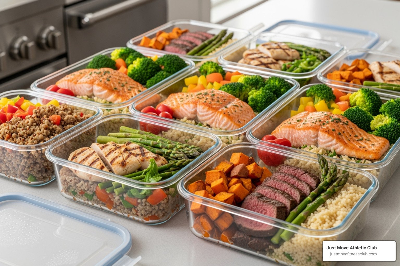 a variety of healthy, protein-rich foods prepared for meal prep - gym body builder