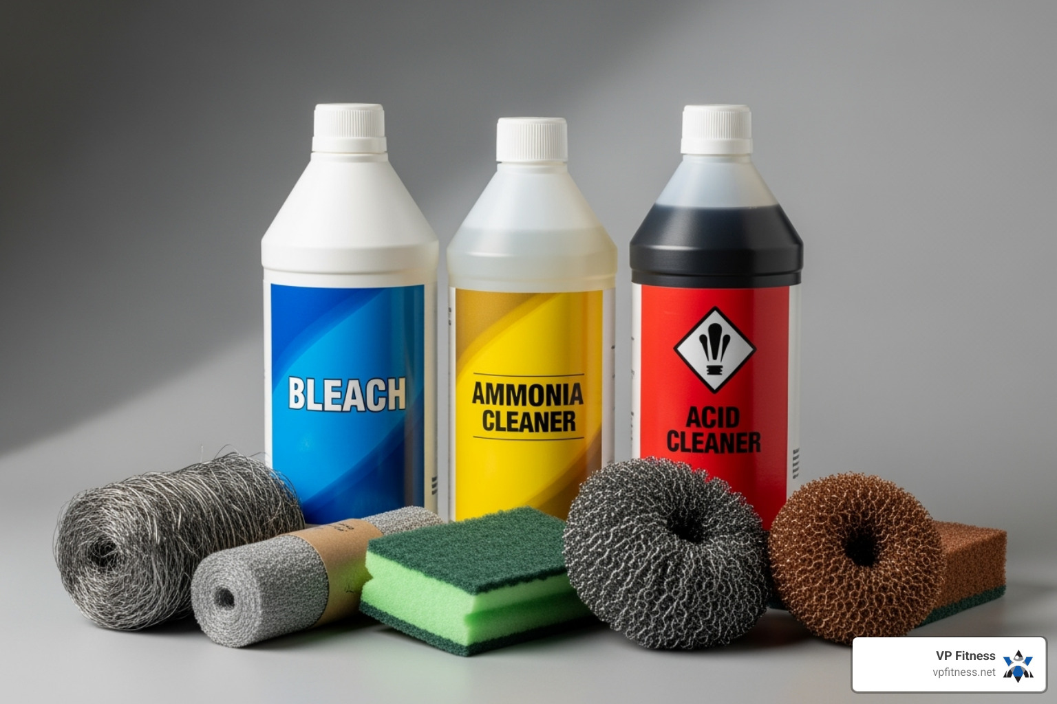 Do Not Use graphic showing harsh chemicals and abrasive scrubbers - how to clean rubber gym flooring Do Not Use graphic showing harsh chemicals and abrasive scrubbers - how to clean rubber gym flooring