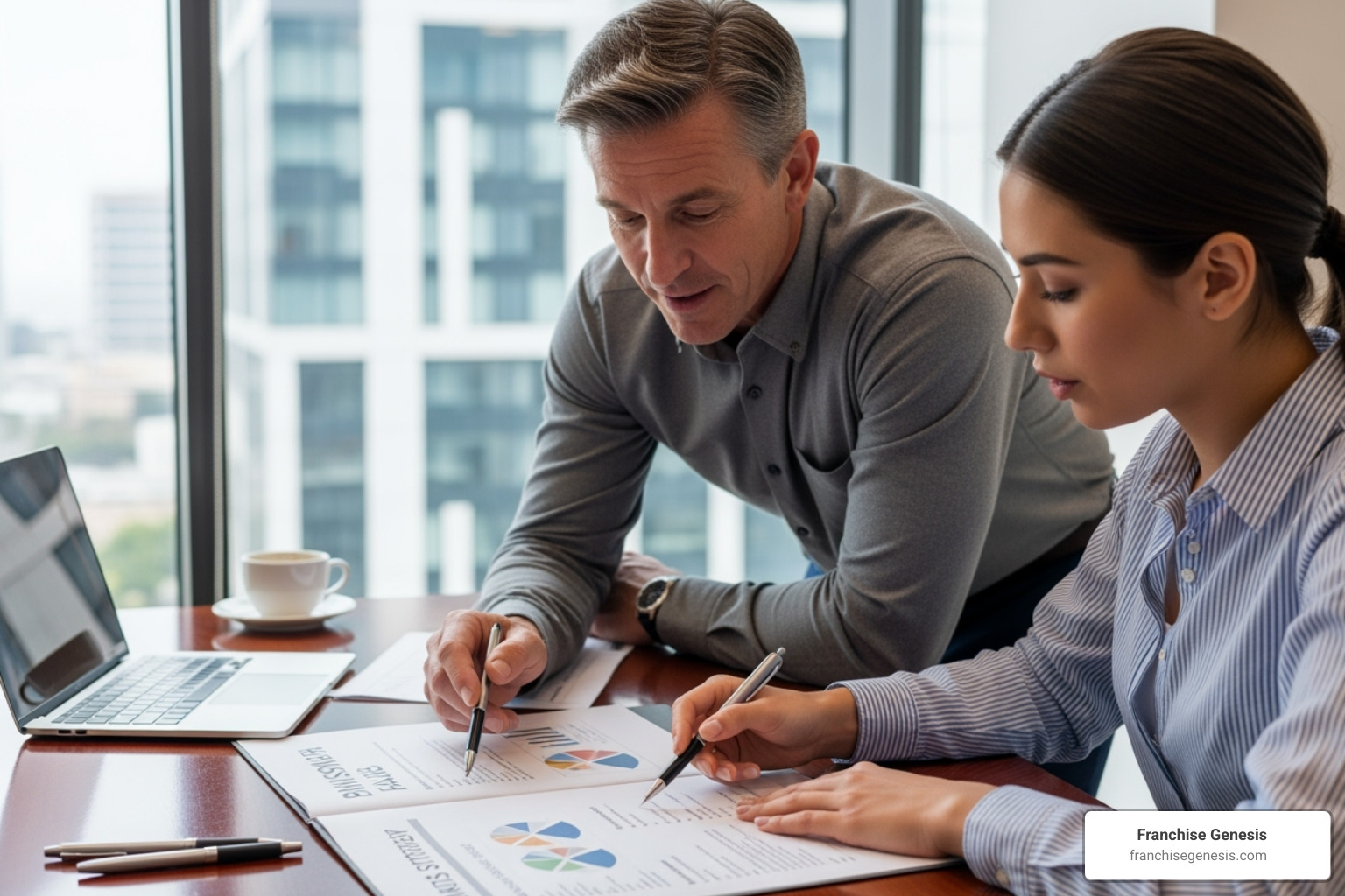 franchisor mentoring a franchisee over a business plan - Franchise financing trends