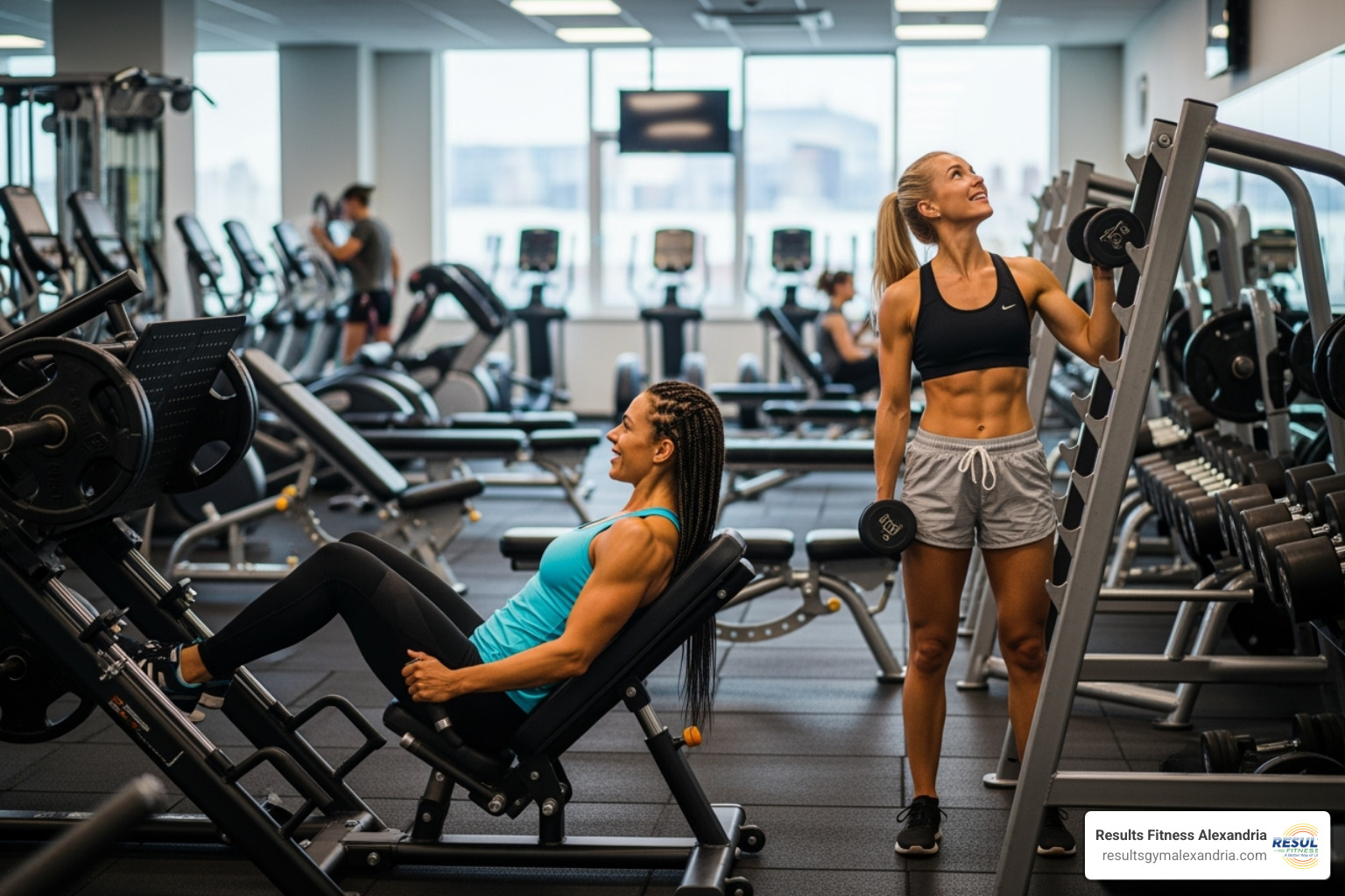 two women spotting each other on a weight machine - gym for ladies two women spotting each other on a weight machine - gym for ladies