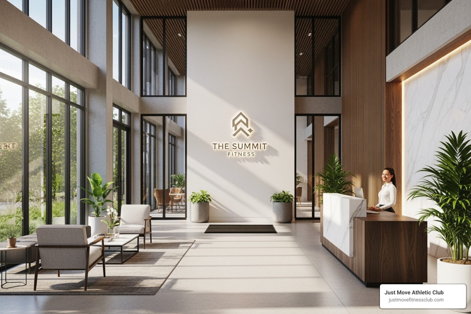 welcoming entrance of a modern fitness club with natural light and a friendly atmosphere - power pump class