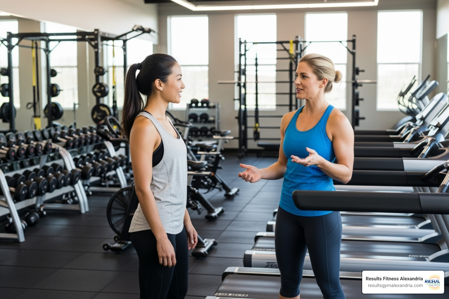 woman talking to a friendly personal trainer - gym for ladies woman talking to a friendly personal trainer - gym for ladies