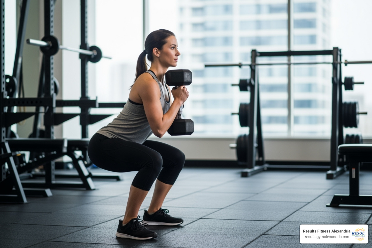 woman performing a dumbbell goblet squat with good form - ladies gym workout woman performing a dumbbell goblet squat with good form - ladies gym workout