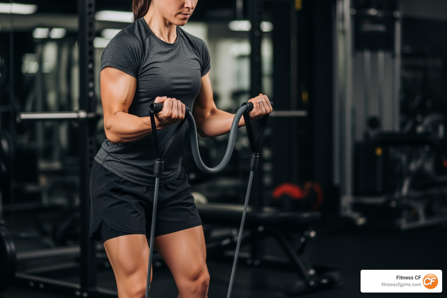 person performing a bicep curl with a tube resistance band - workout arm bands