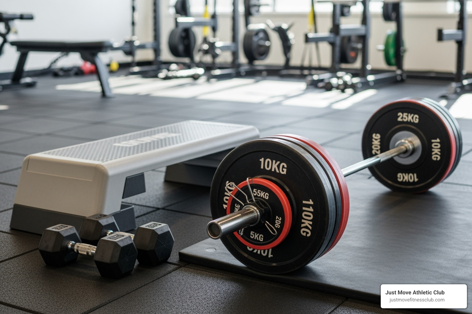 equipment used in a Power Pump class, including a barbell with various weight plates, a step platform, and a selection of dumbbells - power pump class